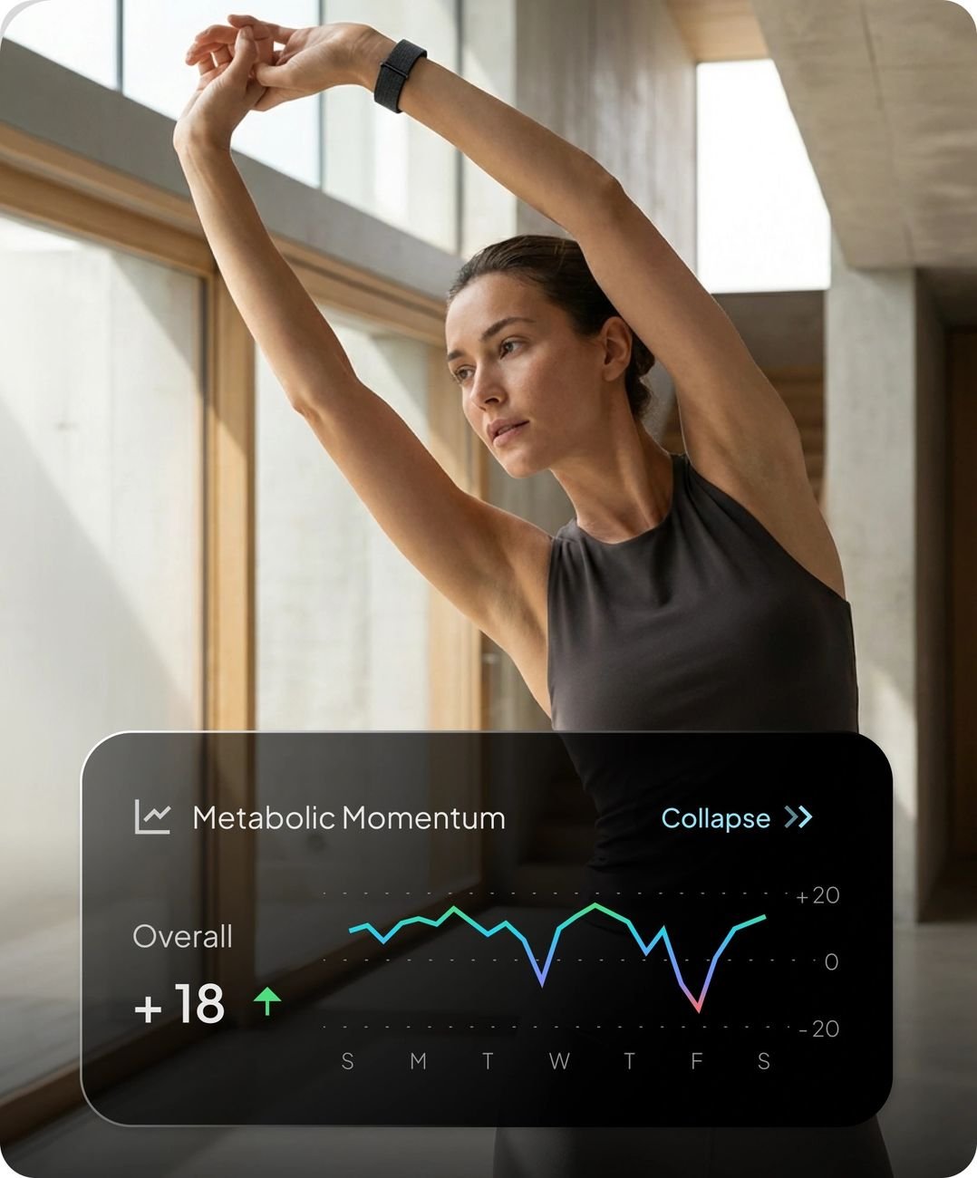 Woman stretching with Hume Band on wrist, Metabolic Momentum chart visible