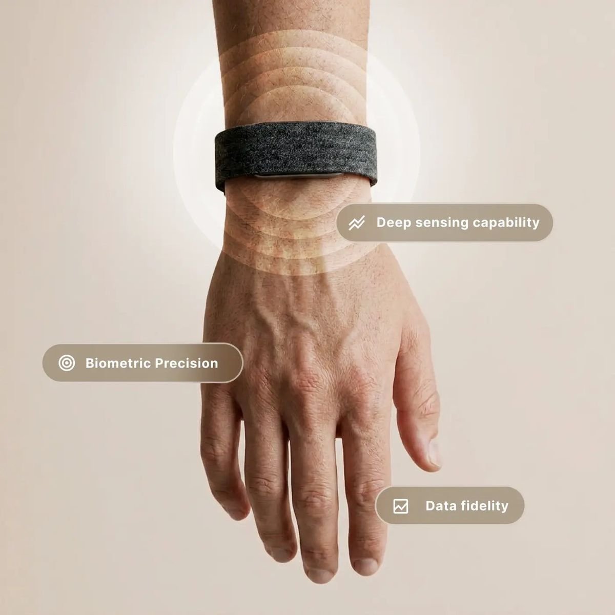 Close-up of the Hume Band 2.0 worn on a wrist, showing sensor detail