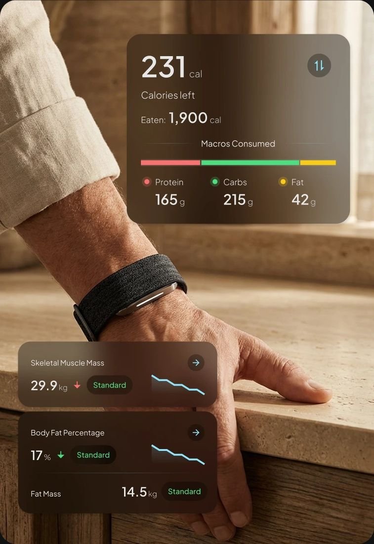 Hume Band 2.0 on a wrist with the companion app open showing nutrition data