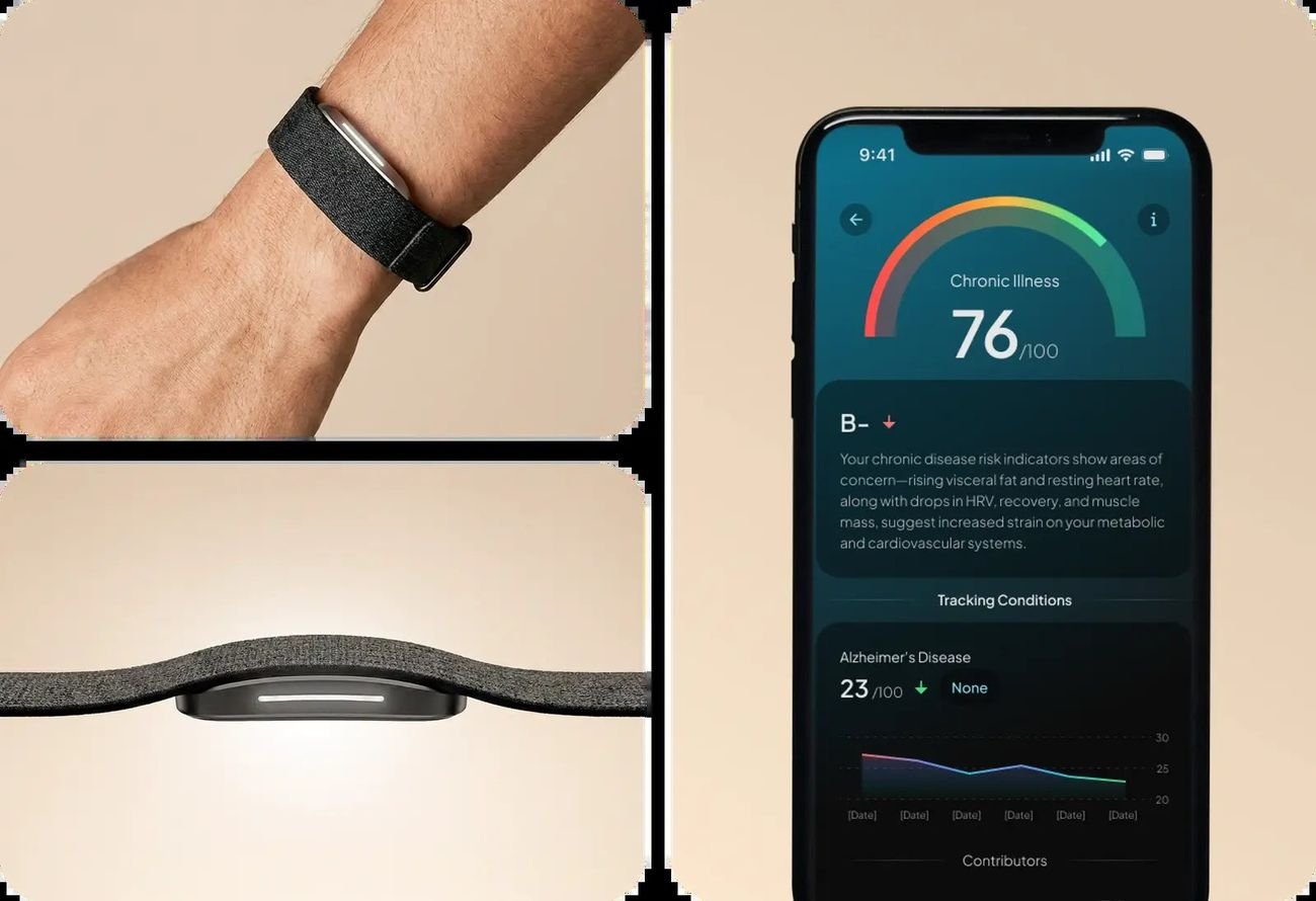 Hume Band on wrist next to a phone displaying a chronic illness risk score