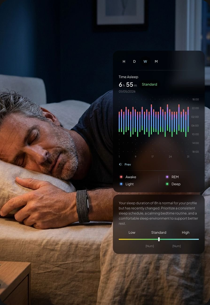 Man asleep with Hume Band worn on wrist, recovery data captured in app