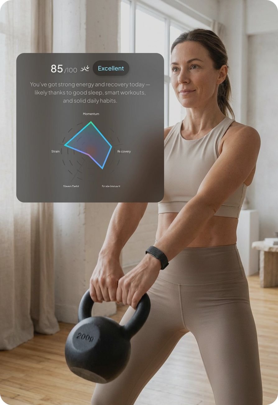 Woman training with the Hume Band on, Metabolic Capacity reading shown on screen