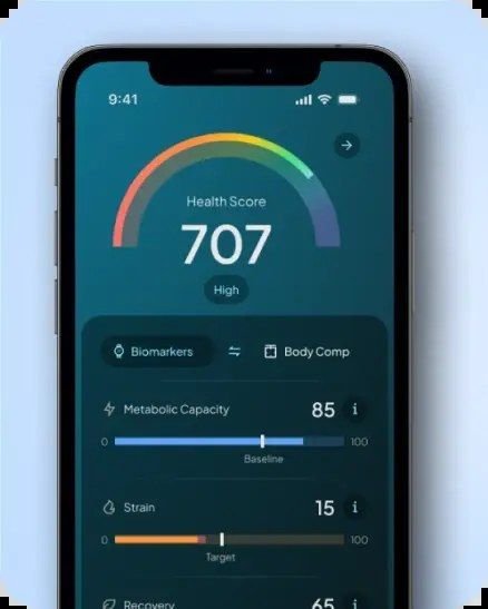 Hume Health app screen showing overall health score next to metabolic capacity